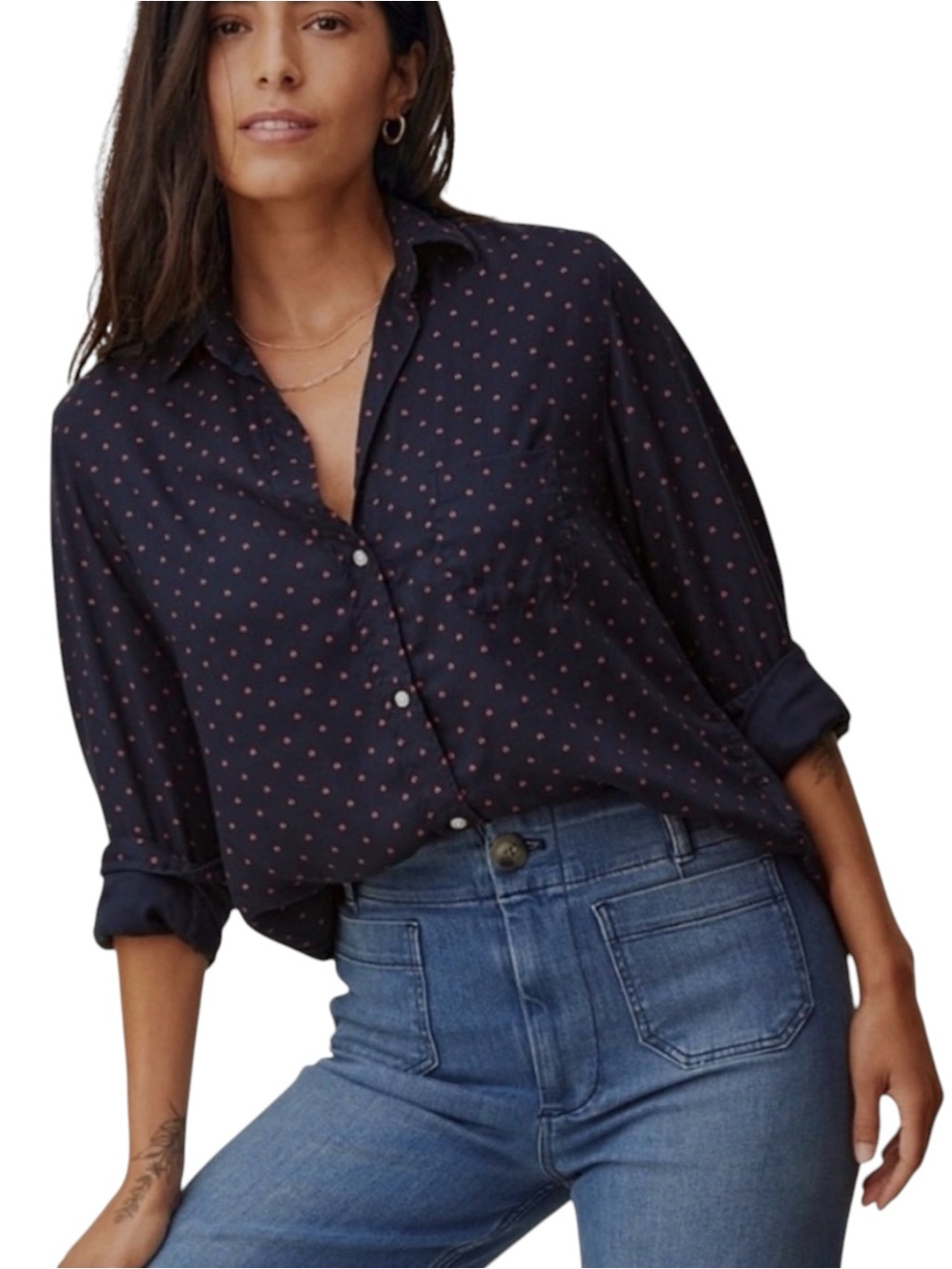Grayson The Hero Ladybug Print Navy Button Up Long Sleeve Shirt 03 MEDIUM
